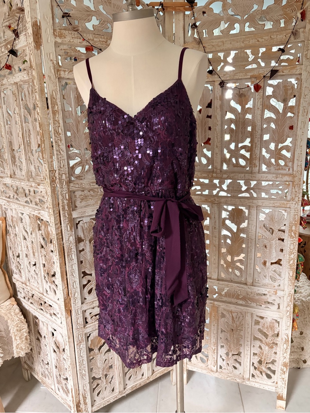 Express Purple Sequin Spaghetti-Strap Mini Dress
